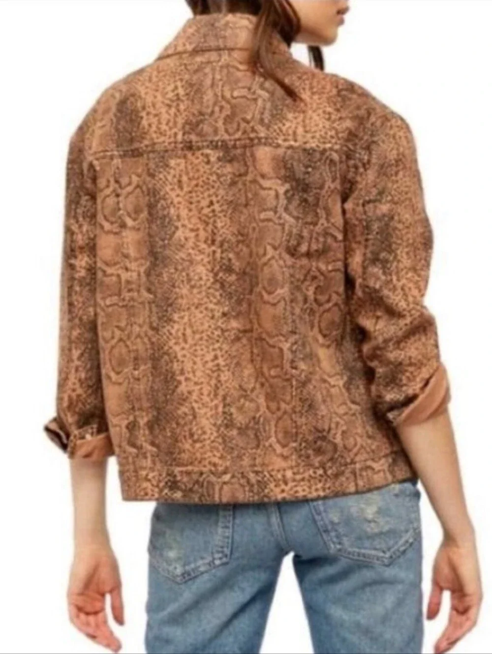 Free People Tucker Brown Snake-Print Denim Jacket Large - Picture 9 of 9